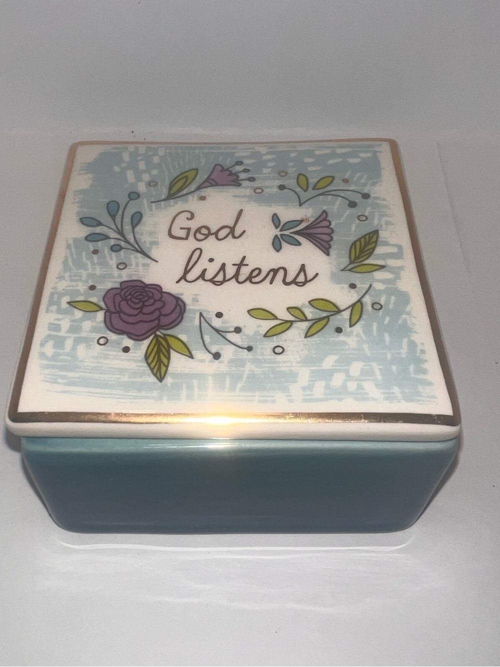Hallmark Blue Ceramic Trinket Box with Floral Accents